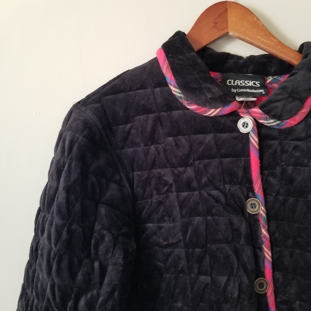 Vintage 90s Quilt Coat Plaid Cotton Lined Black Velvet Size Vintage XL - Picture 2 of 10